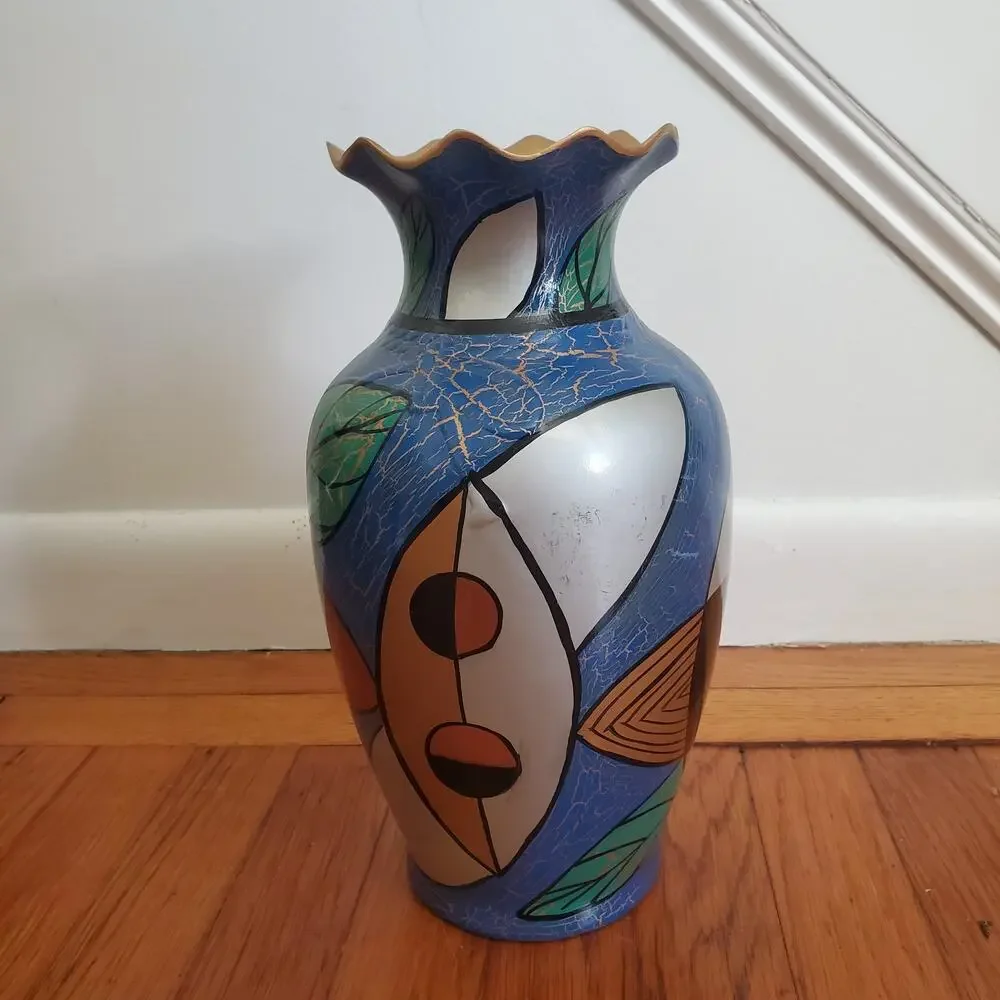 Metallic Color Hand Painted Abstract Geometric Design Vase